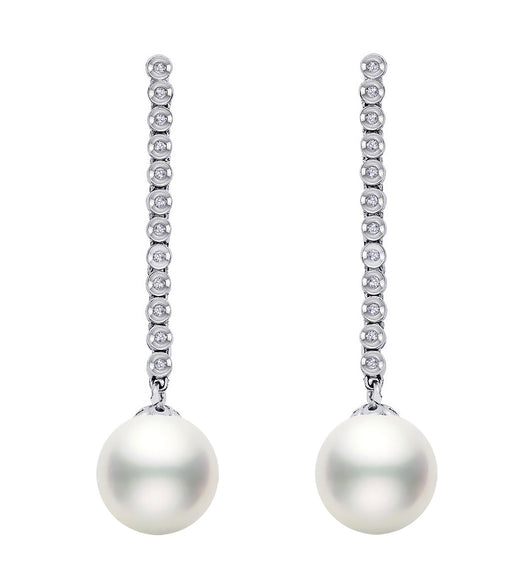 10-10.5mm White South Sea Cultured Pearl Dangle Earrings AA+ Quality 14K White Gold with Diamonds