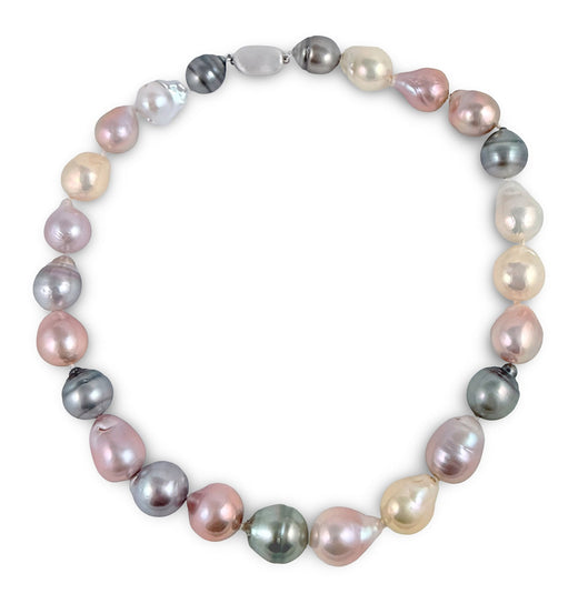 12-15mm Multicolor Tahitian and Freshwater Cultured Pearl Necklace AA+ Quality with a Stylish Sterling Silver Clasp, 18"