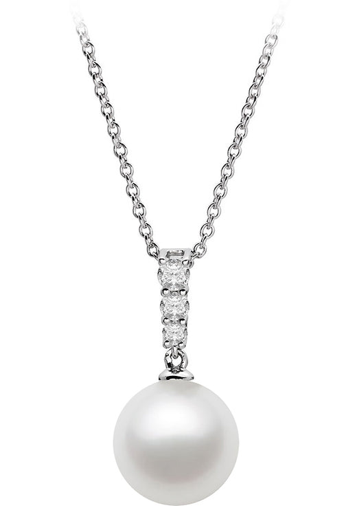 7.5-10mm White Freshwater Pearl Pendant AAA Quality 14k White Gold & White Sapphires