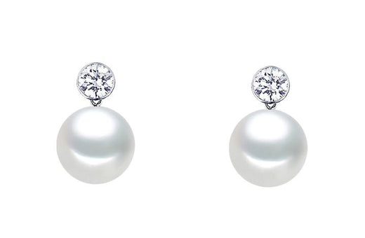 8.5-9mm AAA Japanese Akoya Cultured Pearl Dangling Earrings 18k White Gold & Diamonds