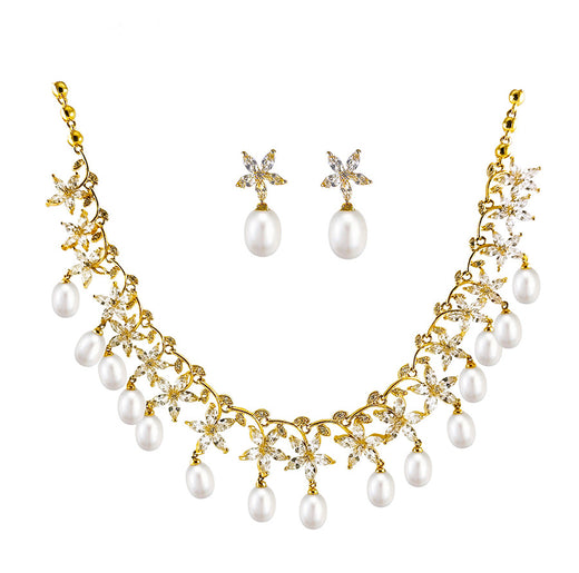 White Freshwater Cultured Pearl Necklace and Earrings Set AAA Quality Yellow Gold Plated Sterling Silver