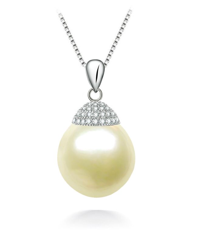 10-10.5mm Cream South Sea Cultured Pearl Pendant Drop Shaped AA Quality Sterling Silver with CZs