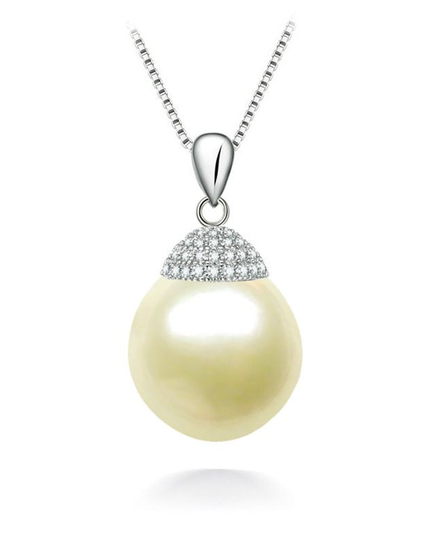 10-10.5mm Cream South Sea Cultured Pearl Pendant Drop Shaped AA Quality Sterling Silver with CZs