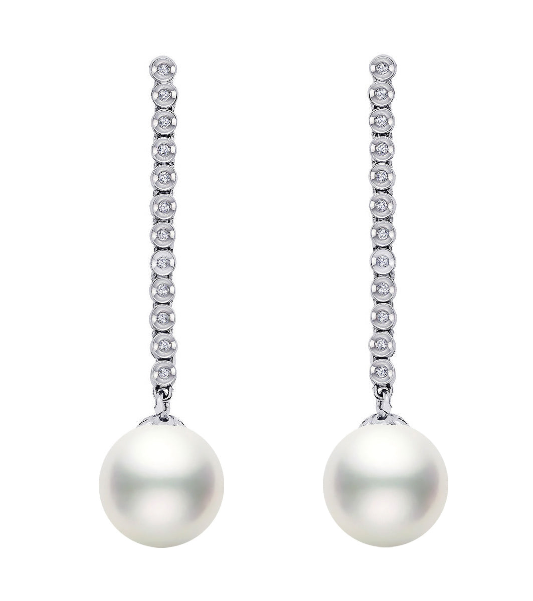 10-10.5mm White South Sea Cultured Pearl Dangle Earrings AA+ Quality 14K White Gold with Diamonds