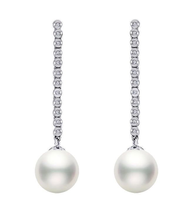 10-10.5mm White South Sea Cultured Pearl Dangle Earrings AA+ Quality 14K White Gold with Diamonds
