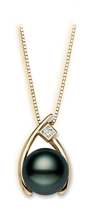10mm AAA Quality Tahitian Pearl Pendant 14k Yellow Gold & Diamond