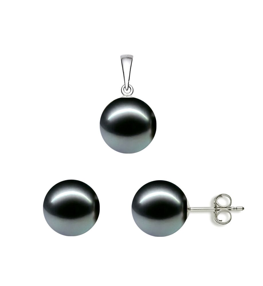 10-11mm Gray Tahitian Pearl Earrings and Pendant Set AA+ Quality