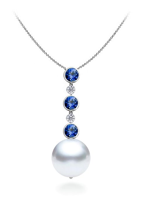 12-13mm White South Sea Pearl Pendant AA+ Quality 14k White Gold with Diamonds and Sapphires