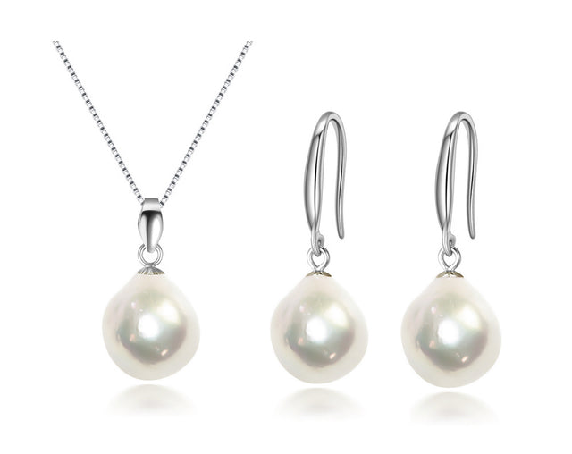 10.5x11.5mm White Freshwater Cultured Pearl Pendant and Earrings Set Baroque Shaped AA+ Quality Sterling Silver