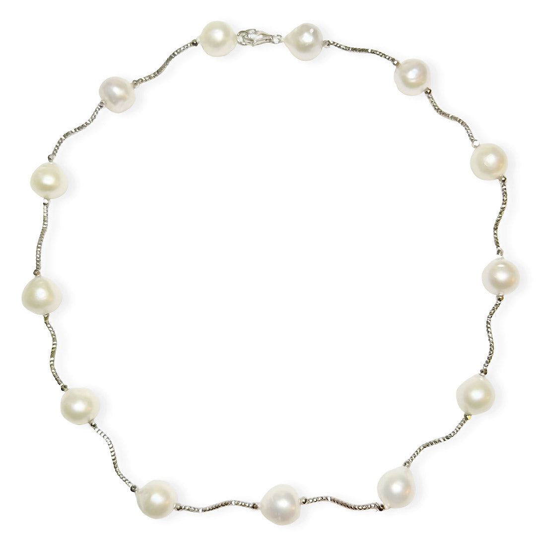 11-11.5mm White Freshwater Cultured Pearl Tin Cup Necklace for Women Sterling Silver 18"
