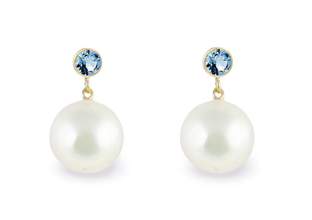 11-11.5mm White South Sea Cultured Pearl Dangle Earrings A+ Quality Gold Filled with Blue Topaz