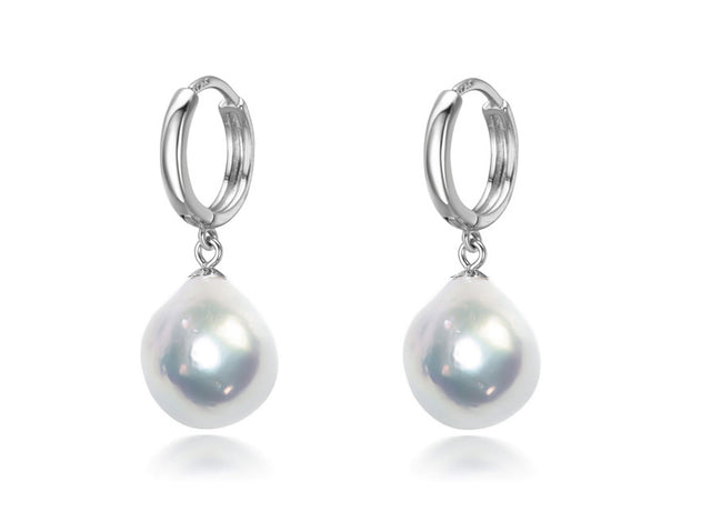 11x12mm White Baroque Freshwater Cultured Pearl Dangle Earrings in Sterling Silver