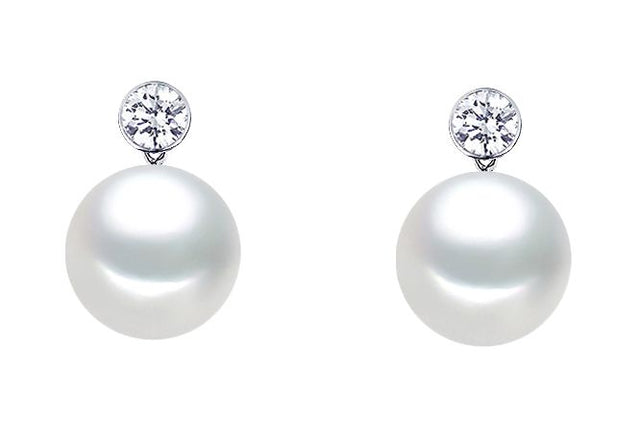 12-13mm Freshwater Pearl Earrings AAA Quality 18k White Gold & Diamonds