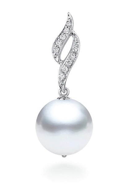 12-13mm White South Sea Pearl Pendant AA+ Quality 14k White Gold with Diamonds