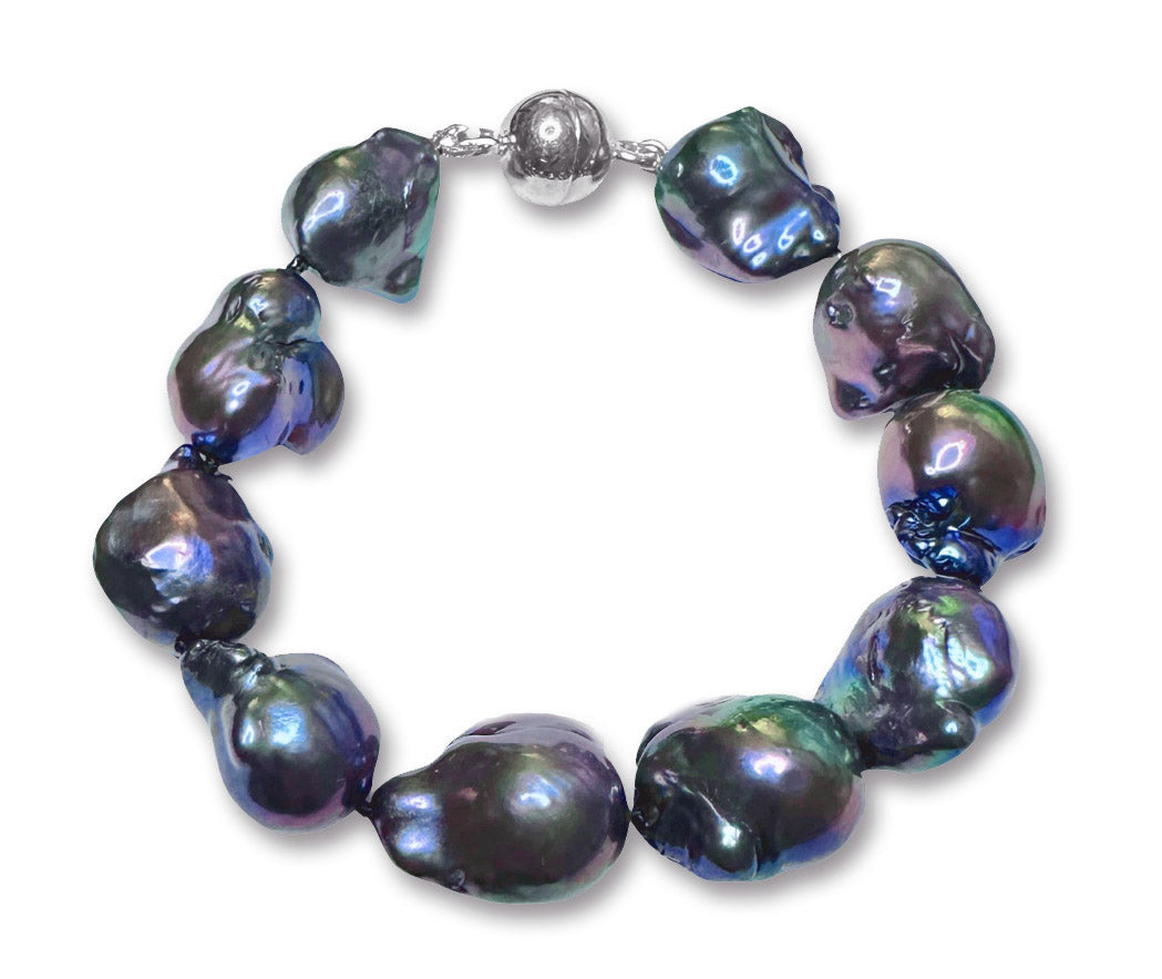12-15mm Lustrous Baroque Freshwater Pearl Bracelet with Blue Overtone AA+ Quality 7.5" with a Stylish Sterling Silver Magnetic Clasp
