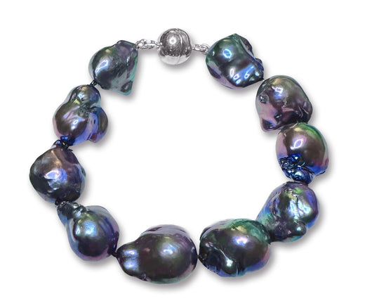 12-15mm Lustrous Baroque Freshwater Pearl Bracelet with Blue Overtone AA+ Quality 7.5" with a Stylish Sterling Silver Magnetic Clasp