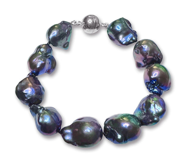 12-15mm Lustrous Baroque Freshwater Pearl Bracelet with Blue Overtone AA+ Quality 7.5" with a Stylish Sterling Silver Magnetic Clasp