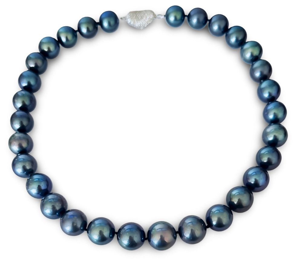13-16mm Black Freshwater Pearl Necklace with Blue Overtone AA+ 18" with Stylish Clasp