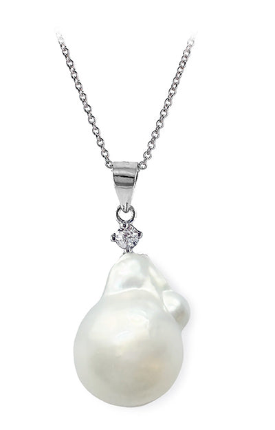 14x19mm White South Sea Cultured Baroque Pearl Pendant AA+ Quality in Sterling Silver with an 18" Chain