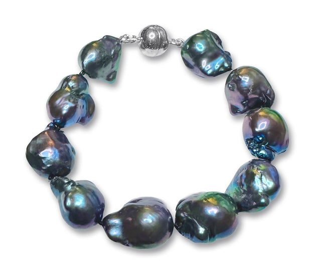 15-17mm Lustrous Baroque Freshwater Pearl Bracelet with Blue Overtone AA+ Quality with a Stylish Sterling Silver Magnetic  Clasp