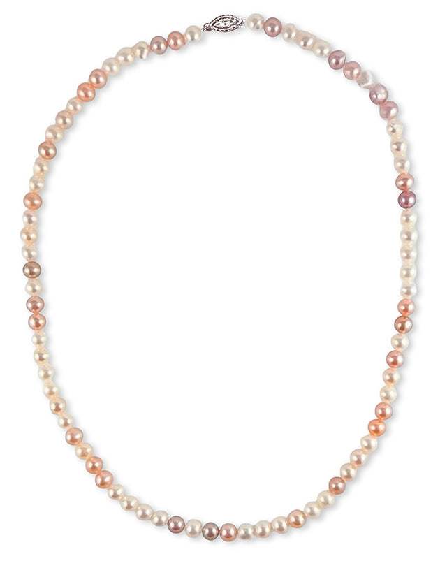 This stunning 5-5.5mm multicolor pearl necklace is made of lustrous white, pink, peach, and lavender freshwater pearls. These pearls are AAA quality, with high luster, thick nacre, and a clean surface. Finished with a beautiful sterling silver clasp.