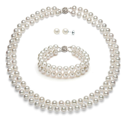 6-6.5mm Double Strand White Freshwater Pearl Set AA+ Quality With Sterling Silver Clasp