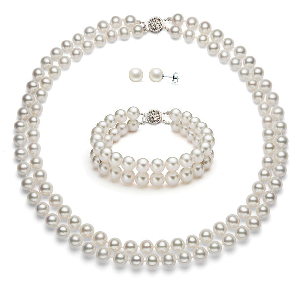 6-6.5mm Double Strand White Freshwater Pearl Set AA+ Quality With Sterling Silver Clasp
