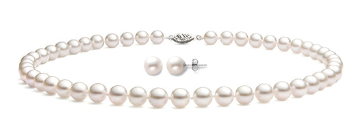 6.5-9.5mm White Freshwater Pearl Necklace and Earrings Set AA+ Quality
