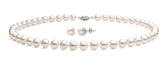 6.5-9.5mm White Freshwater Pearl Necklace and Earrings Set AA+ Quality