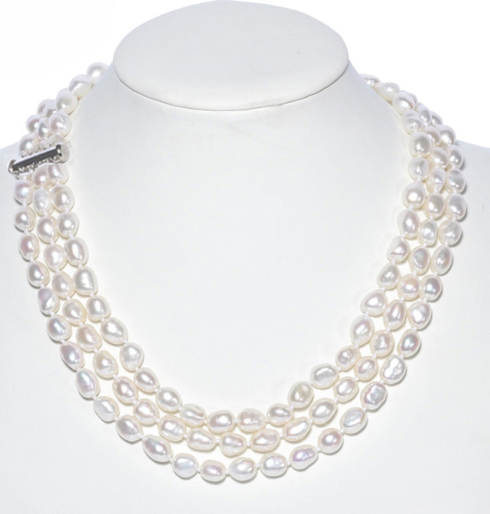 6.5-7mm Triple Strand White Freshwater Pearl Necklace AA+ Quality 18"