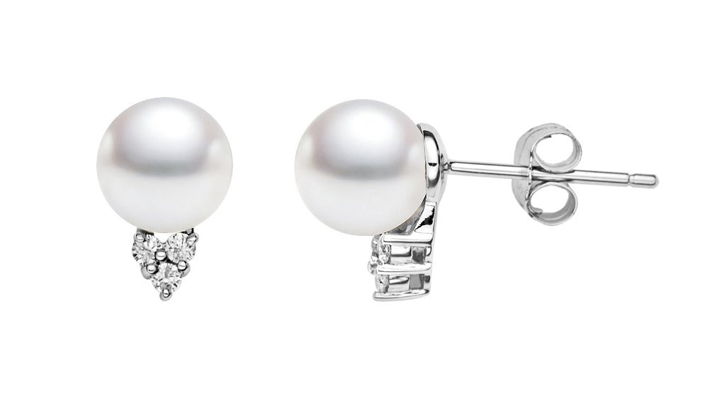 7-9.5mm AAA Japanese Akoya Cultured Pearl Earrings 14k White Gold & Diamonds