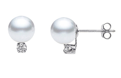 8.5-9mm AAA Japanese Akoya Cultured Pearl Earrings 14k White Gold & Diamonds