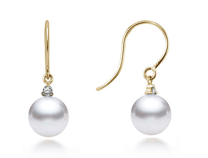 7-9mm AAA Japanese Cultured Akoya Pearl Earrings 14k Yellow Gold & Diamonds
