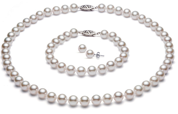 6-8mm White Cultured Akoya Saltwater Pearl Set AA+ Quality
