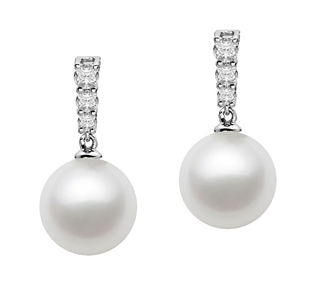 7.5-11mm Freshwater Pearl Earrings AAA Quality 14k White Gold & White Sapphires
