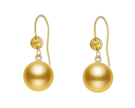 7.5-8mm Golden South Sea Cultured Pearl Dangle Earrings AA+ Quality Gold Filled with Citrine