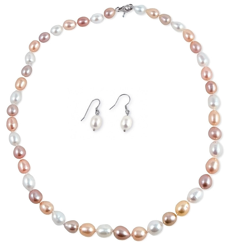 7.5-8mm Multicolor Freshwater Cultured Pearl Necklace and Earrings Set AA+ Quality 18"