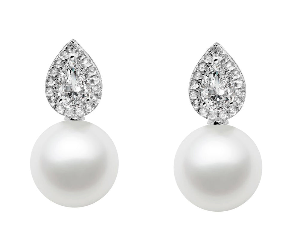 7.5-9.5mm AAA Japanese Cultured Akoya Pearl Earrings 14k White Gold and White Sapphires