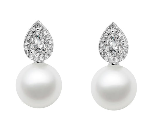 7.5-9.5mm AAA Japanese Cultured Akoya Pearl Earrings 14k White Gold and White Sapphires