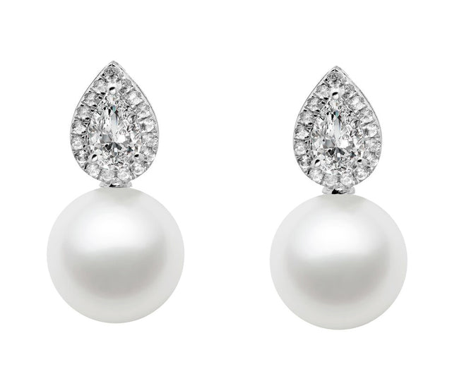7.5-9.5mm AAA Japanese Cultured Akoya Pearl Earrings 14k White Gold and White Sapphires