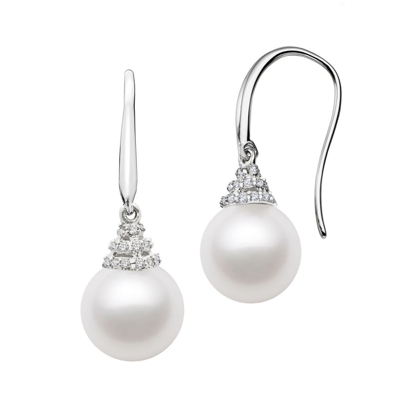 7.5-9.5mm AAA Japanese Cultured Akoya Pearl Earrings 14k White Gold & White Sapphires
