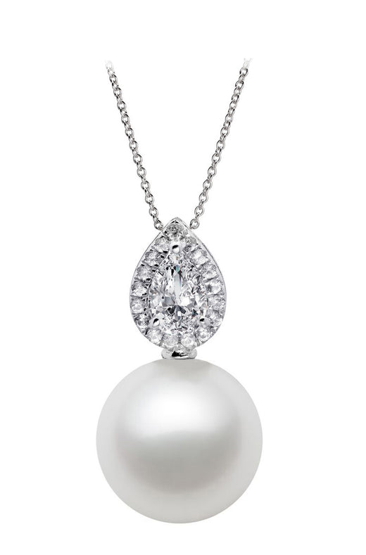 7.5-9.5mm AAA Japanese White Akoya Pearl Pendant 14k White Gold & White Sapphires