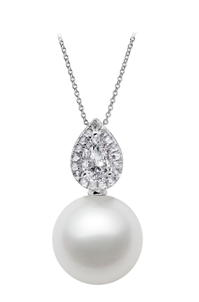 7.5-9.5mm AAA Japanese White Akoya Pearl Pendant 14k White Gold & White Sapphires