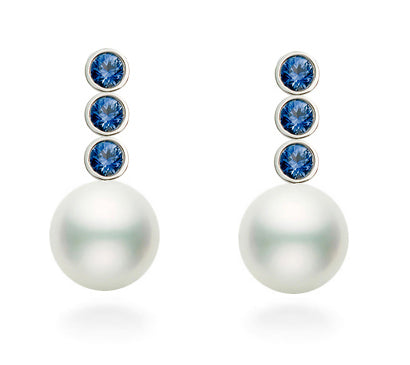 7.5-9.5mm AAA Quality Japanese Cultured Akoya Pearl Earrings 14k Gold & Sapphires