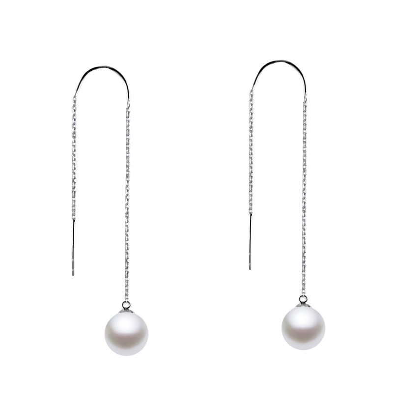 7-7.5mm AAA Japanese Cultured Akoya Pearl Dangling Earrings 14k White Gold