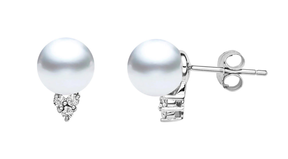 7-7.5mm White South Sea Pearl Earrings AA+ Quality 14K Gold & Diamonds