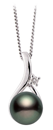 7-8.5mm AAA Japanese Black Akoya Pearl Pendant 14k Gold & Diamond