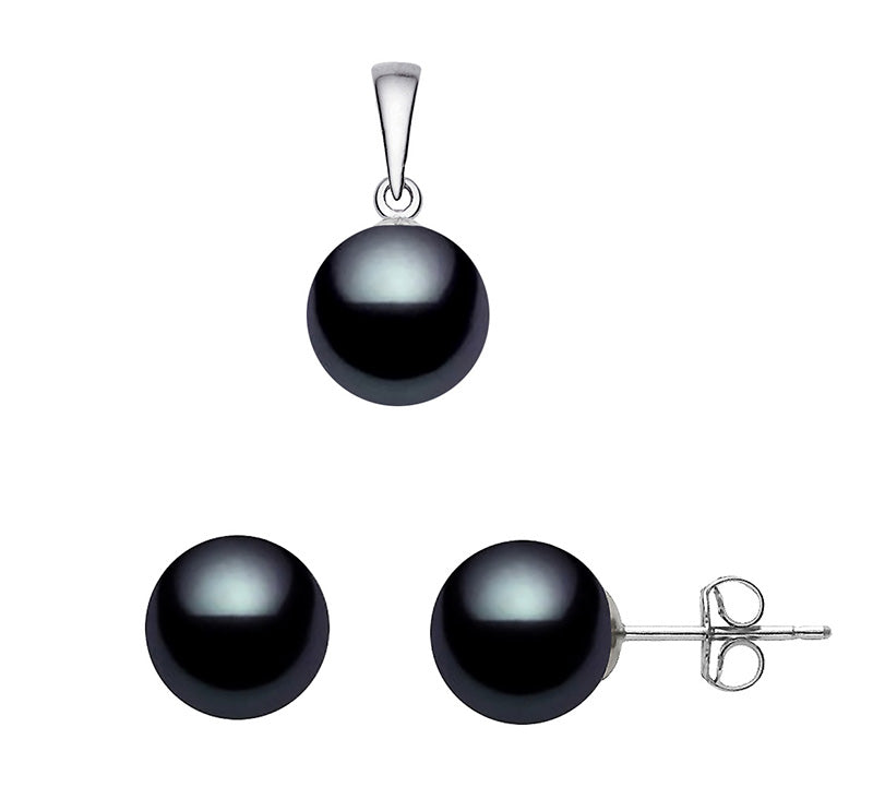 7-8mm Black Japanese Akoya Cultured Pearl Set AAA Quality Sterling Silver