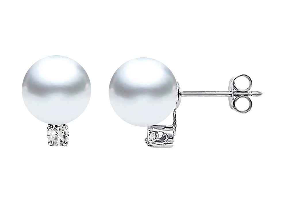 7-7.5mm White South Sea Pearl Earrings AA+ Quality 14K Gold & Diamonds