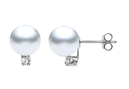 7-7.5mm White South Sea Pearl Earrings AA+ Quality 14K Gold & Diamonds